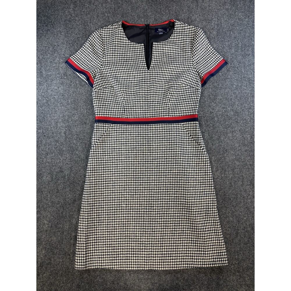 Boden Adelaide Tweed Dress Sz 8R in Houndstooth w Cherry & Navy Stripe